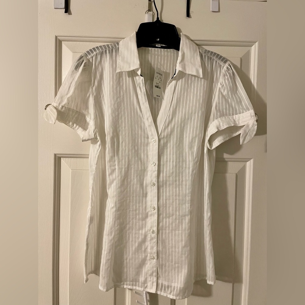 Express White Sheer Striped SS Blouse sz Med NWT